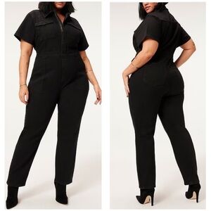 Fit For Success Short Sleeve Point Collar Straight Leg Stretch Denim Jumpsuit